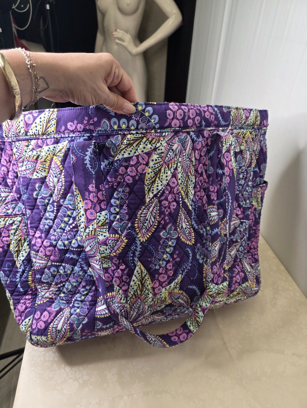Vera Bradley Quilted Cotton Large Zip Top Tote Bag Purple Pink Paisley Floral - Picture 4 of 10